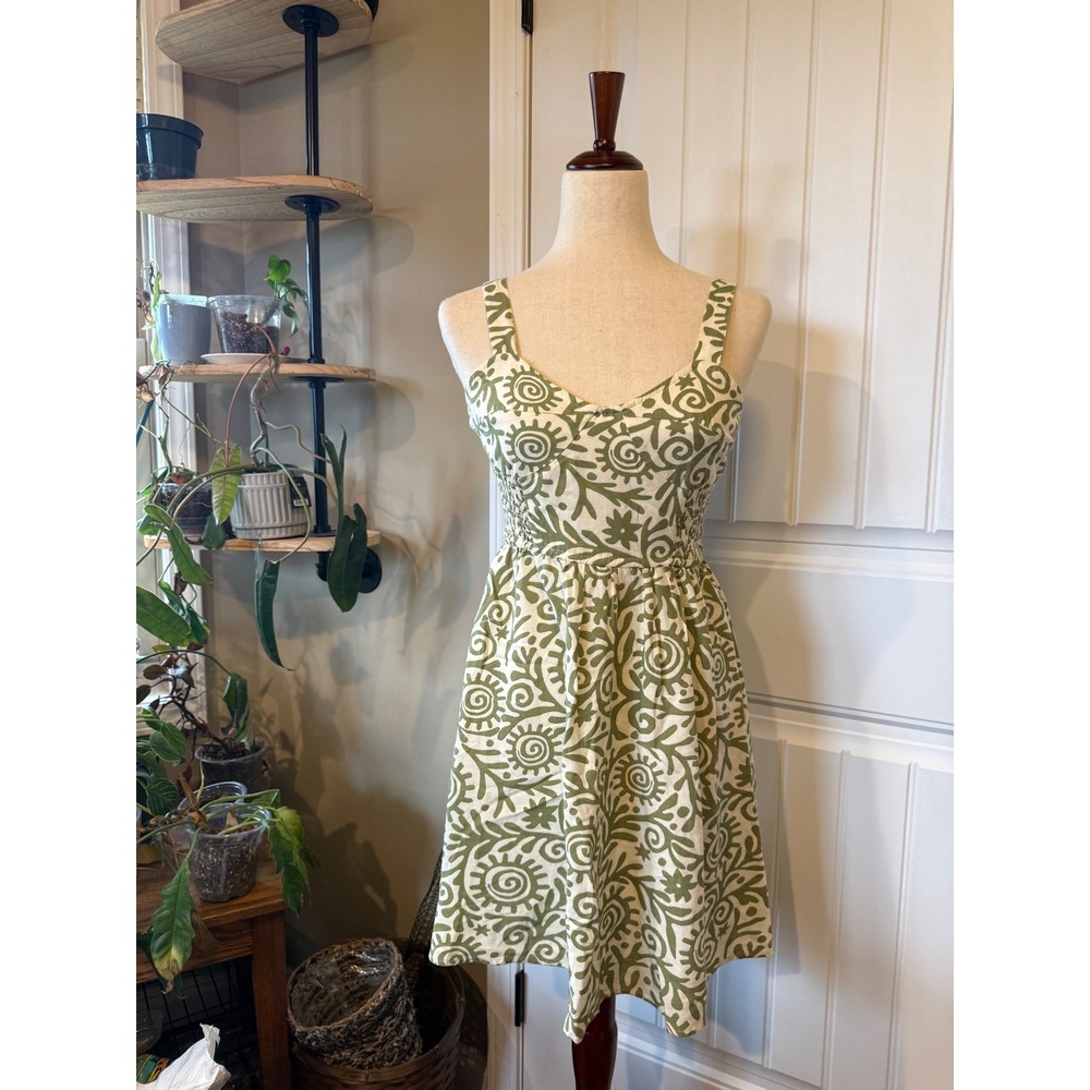 Japana Smocked Waist Dress Green‎ White Floral Print Midi Women's Size S